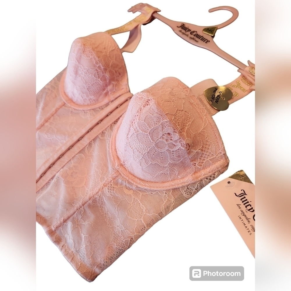 Juicy Couture Pink Lace Bustier, Gold Studded Logo Straps, 34C, New With Tags - Picture 4 of 10